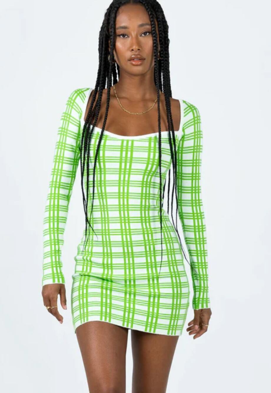 Princess Polly Sybil Long Sleeve Mini Dress Lime Green / White Sweater Size S/M